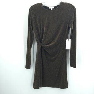 Leith Faux Wrap Mini Dress Long Sleeve Striped Black Metallic Gold Small SPARKLE